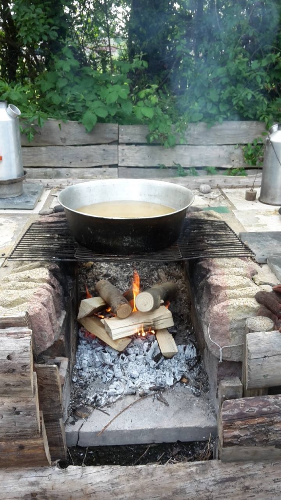 A large stainless-steel bowl cooking over a log fire.